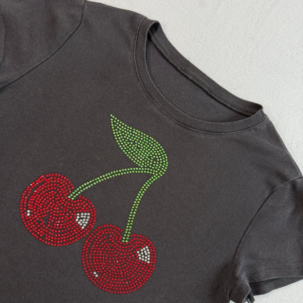 Black Cherry Rhinestone Graphic Y2K Baby Tee Womens Medium Coquette Soft Girl - Picture 4 of 9